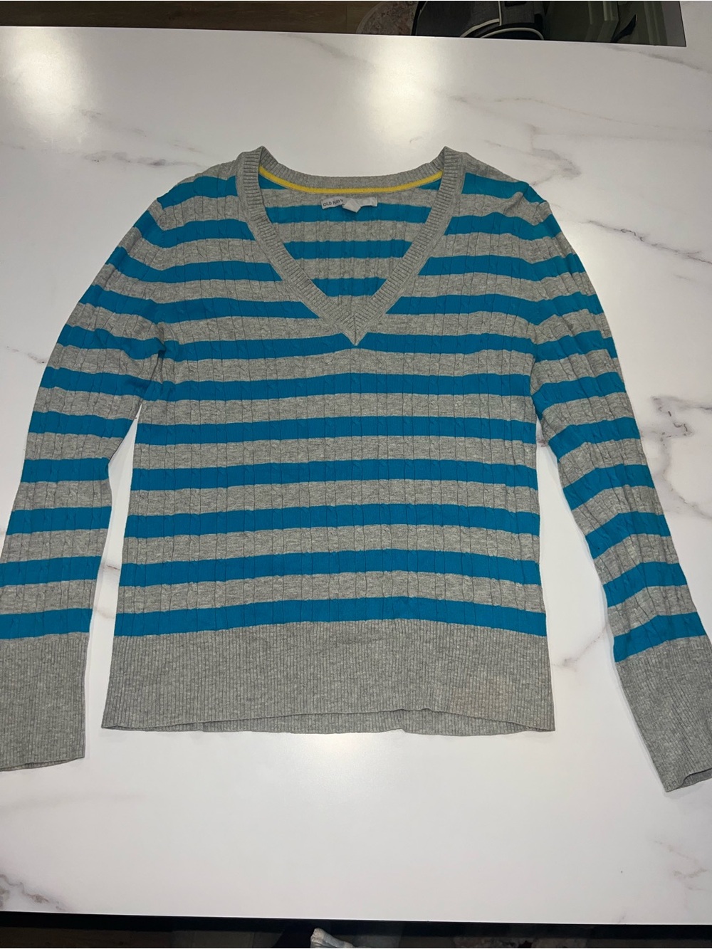 Old Navy Teal and Gray Striped V-Neck Sweater